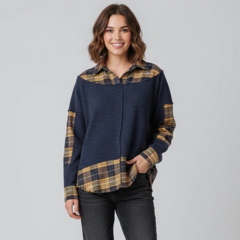 Oli & Hali Oversized Plaid Patchwork Thermal Knit Collared Blouse size small